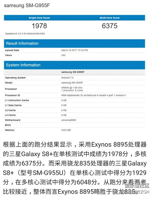 高通尴尬了！三星Exynos 8895跑分战胜骁龙835