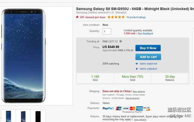 三星 Galaxy S8 智能手机只要3820