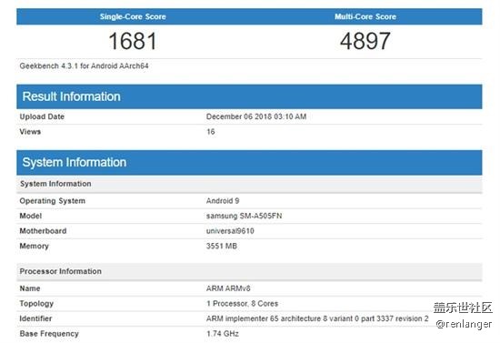 三星Galaxy A50跑分曝光 搭载新U猎户座9610