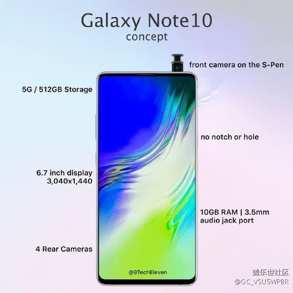 三星Note10渲染图，前置镜头集成手写笔，再见“胶囊屏”
